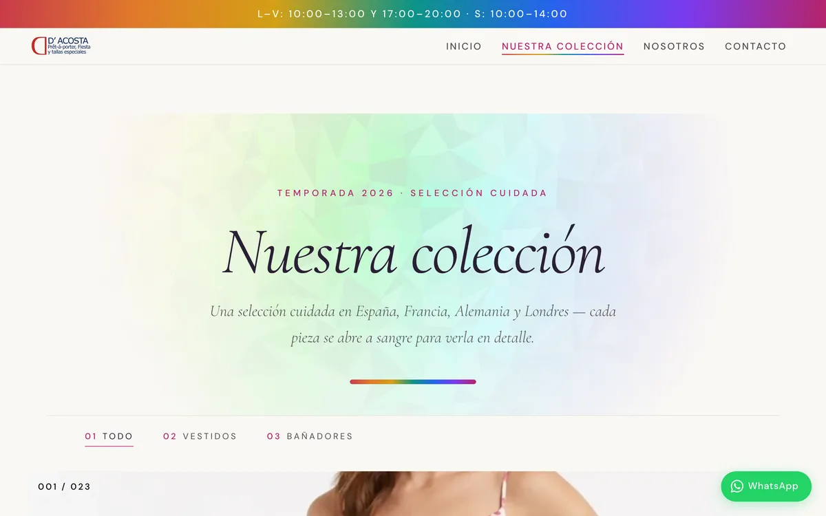 Página colección del sitio de D'Acosta Moda, vista de escritorio