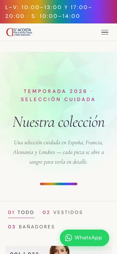 Página colección del sitio de D'Acosta Moda, vista de móvil