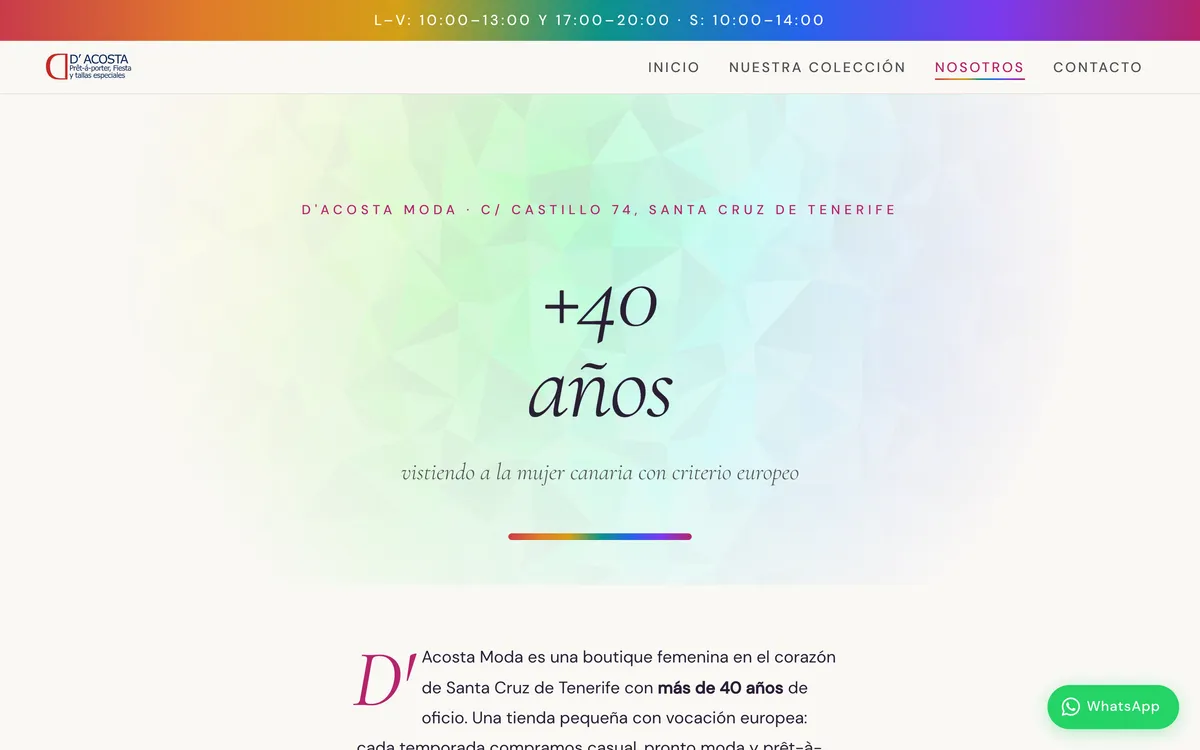 Página nosotros del sitio de D'Acosta Moda, vista de escritorio