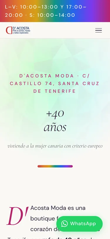 Página nosotros del sitio de D'Acosta Moda, vista de móvil