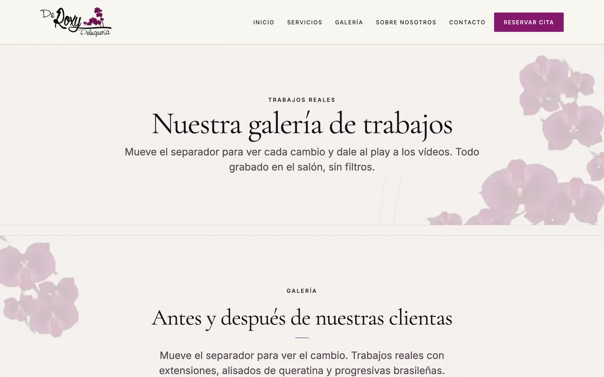 Página antes y después del sitio de De Roxy Peluquería, vista de escritorio