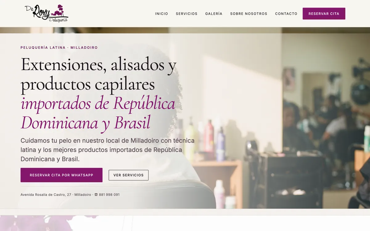 Página portada del sitio de De Roxy Peluquería, vista de escritorio