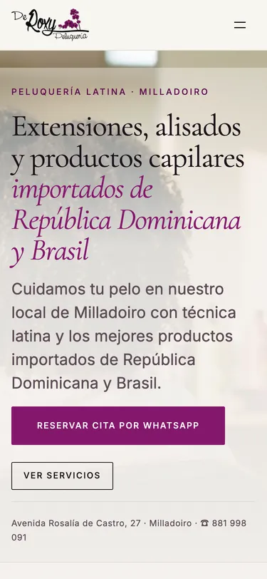 Página portada del sitio de De Roxy Peluquería, vista de móvil