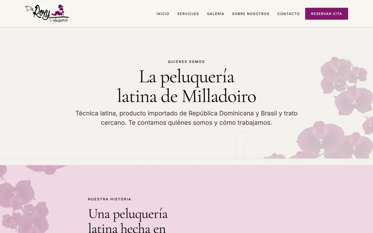 Página sobre nosotros del sitio de De Roxy Peluquería, vista de escritorio