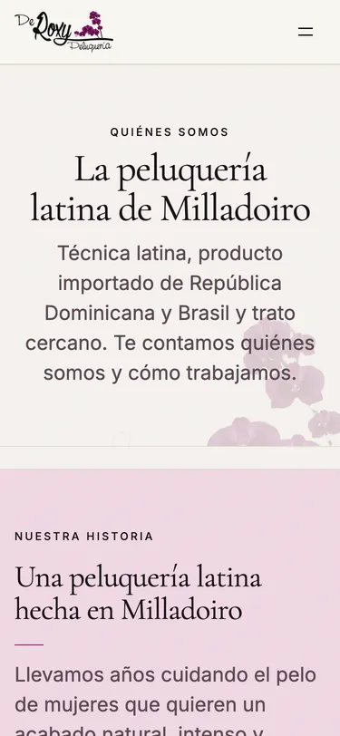 Página sobre nosotros del sitio de De Roxy Peluquería, vista de móvil