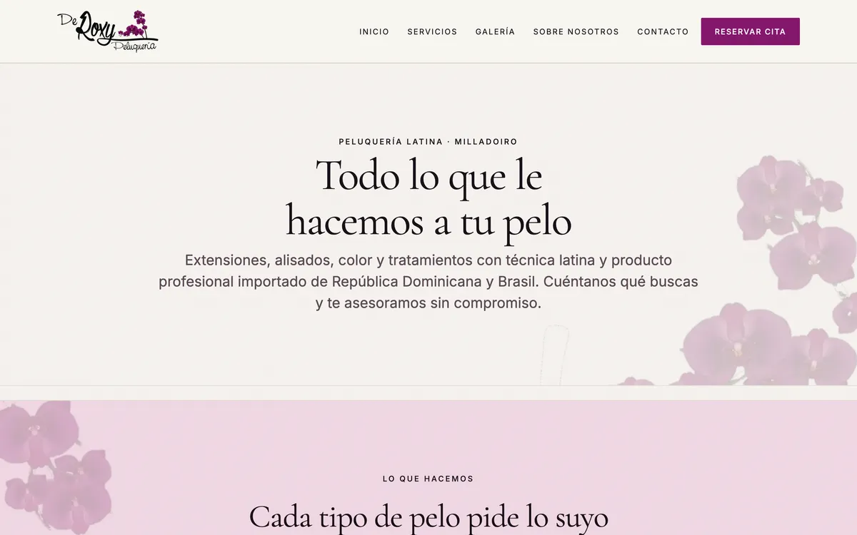 Página servicios del sitio de De Roxy Peluquería, vista de escritorio