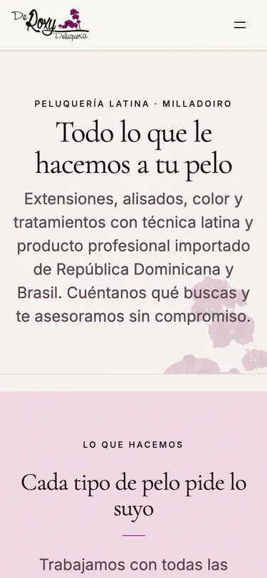 Página servicios del sitio de De Roxy Peluquería, vista de móvil