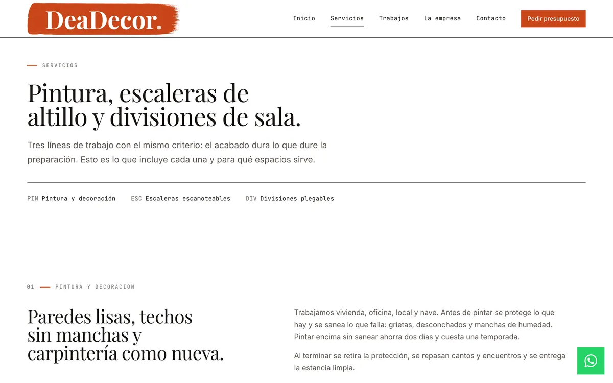 Página servicios del sitio de DeaDecor, vista de escritorio