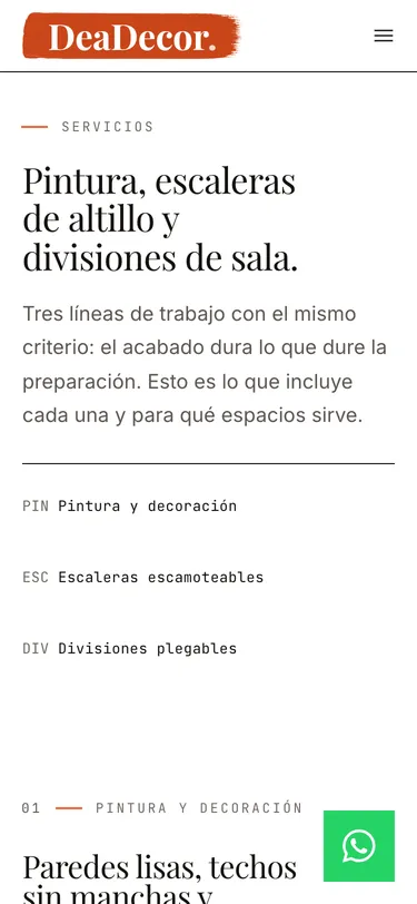 Página servicios del sitio de DeaDecor, vista de móvil
