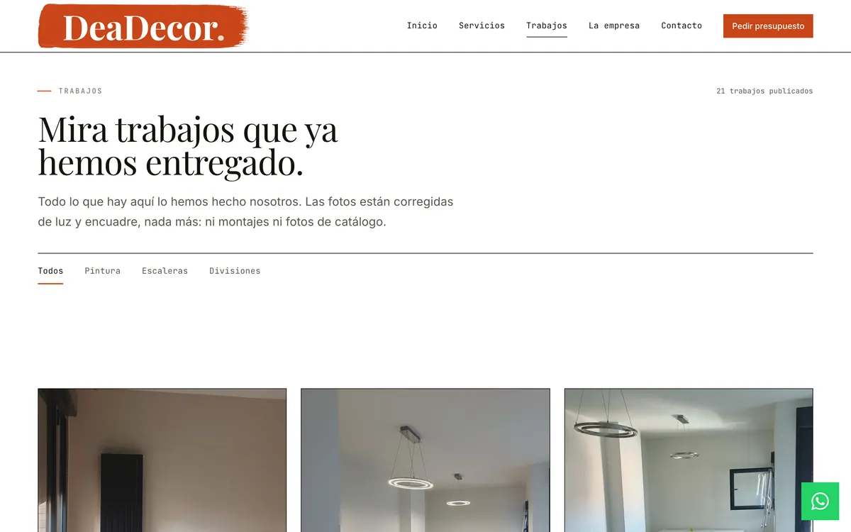 Página trabajos del sitio de DeaDecor, vista de escritorio