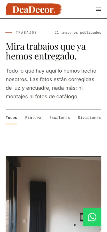 Página trabajos del sitio de DeaDecor, vista de móvil