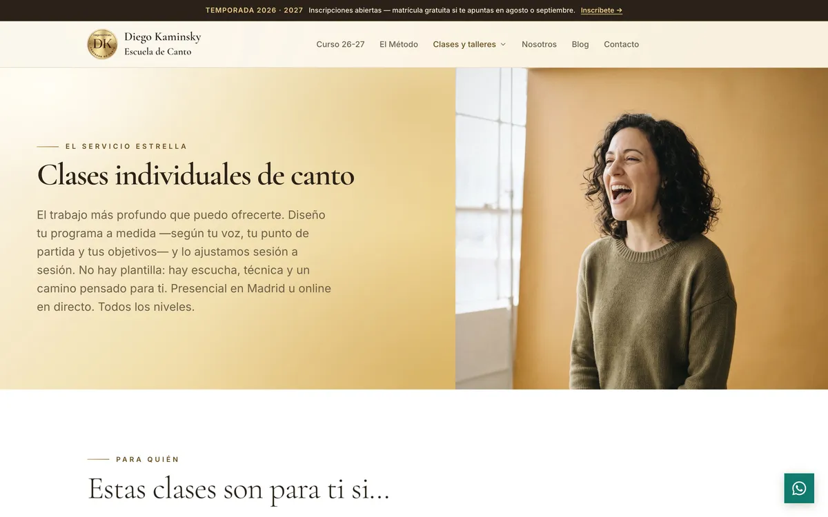 Página clases individuales del sitio de Diego Kaminsky · Escuela de Canto, vista de escritorio