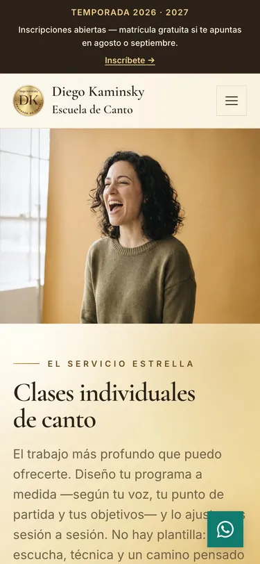 Página clases individuales del sitio de Diego Kaminsky · Escuela de Canto, vista de móvil