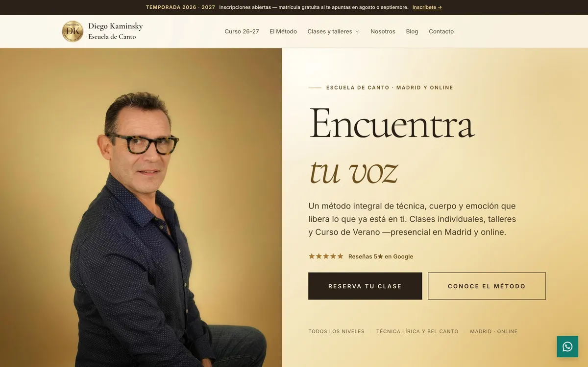 Página portada del sitio de Diego Kaminsky · Escuela de Canto, vista de escritorio