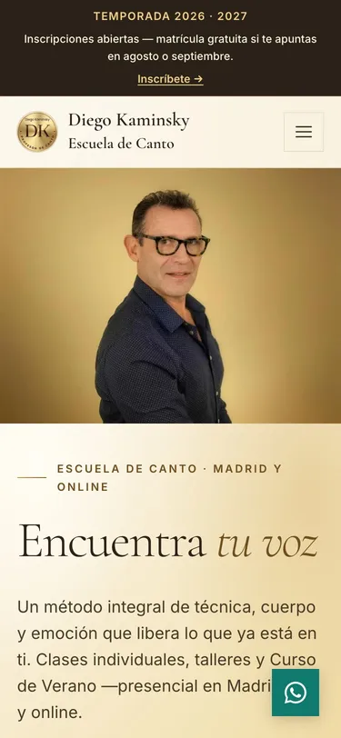 Página portada del sitio de Diego Kaminsky · Escuela de Canto, vista de móvil