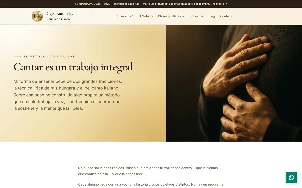 Página el método del sitio de Diego Kaminsky · Escuela de Canto, vista de escritorio