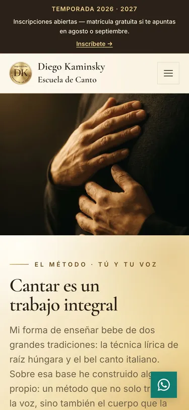 Página el método del sitio de Diego Kaminsky · Escuela de Canto, vista de móvil