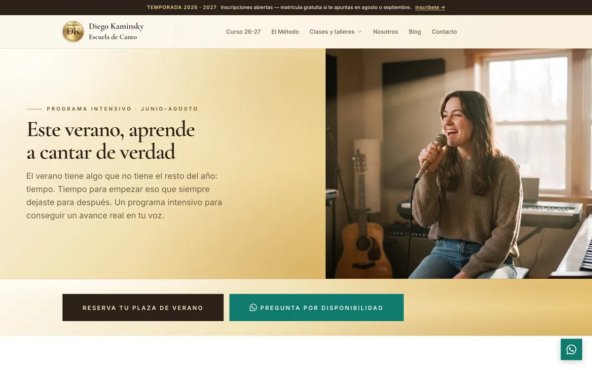 Página curso de verano del sitio de Diego Kaminsky · Escuela de Canto, vista de escritorio