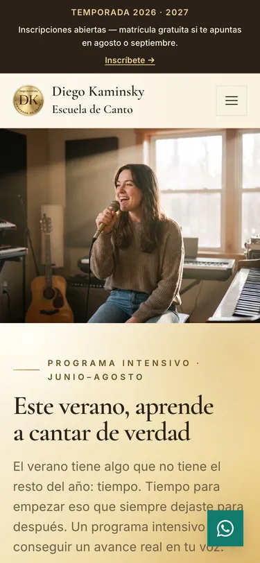 Página curso de verano del sitio de Diego Kaminsky · Escuela de Canto, vista de móvil