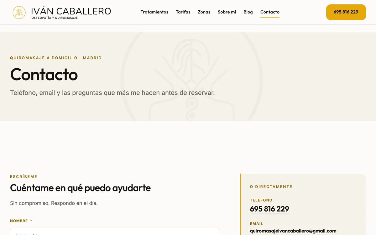 Página contacto del sitio de Iván Caballero, vista de escritorio