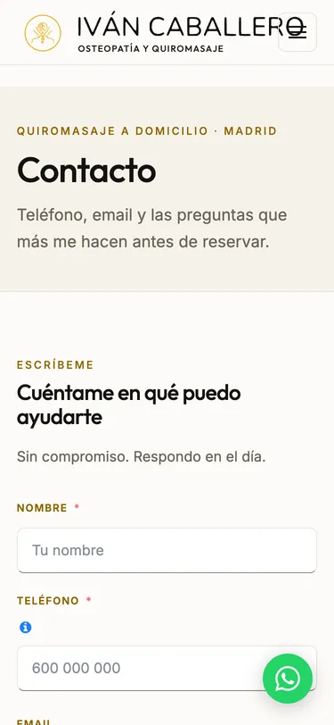 Página contacto del sitio de Iván Caballero, vista de móvil