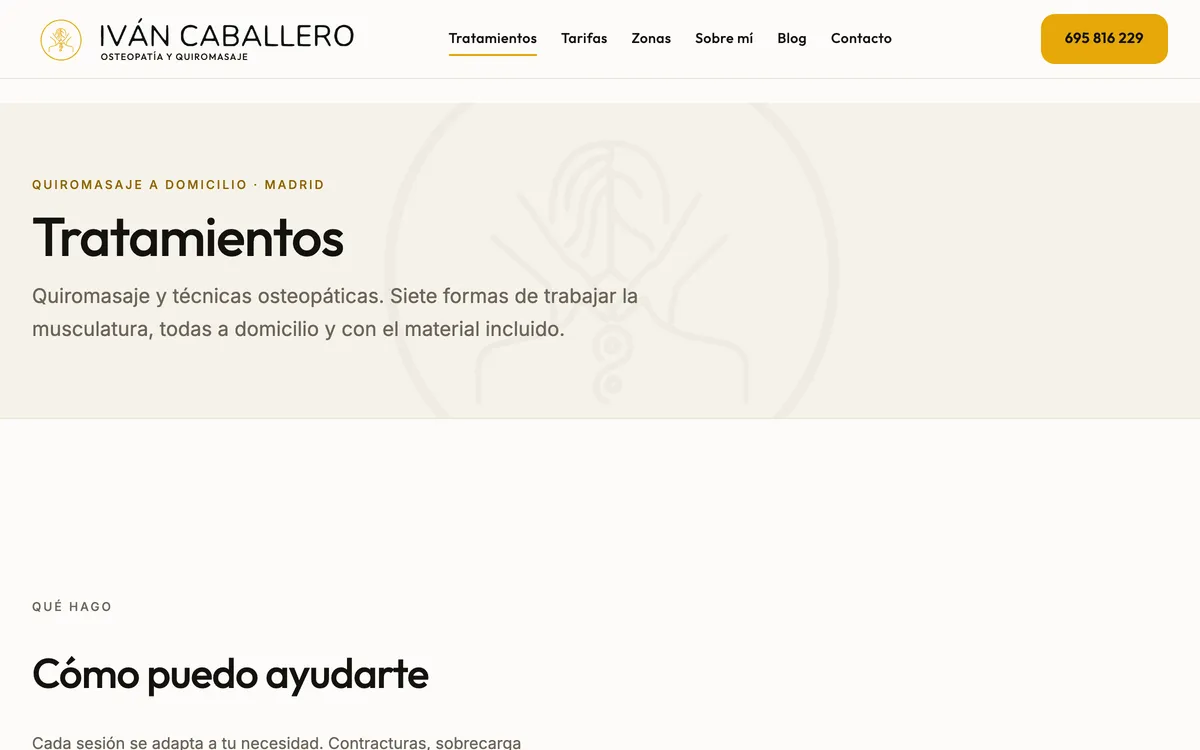 Página tratamientos del sitio de Iván Caballero, vista de escritorio