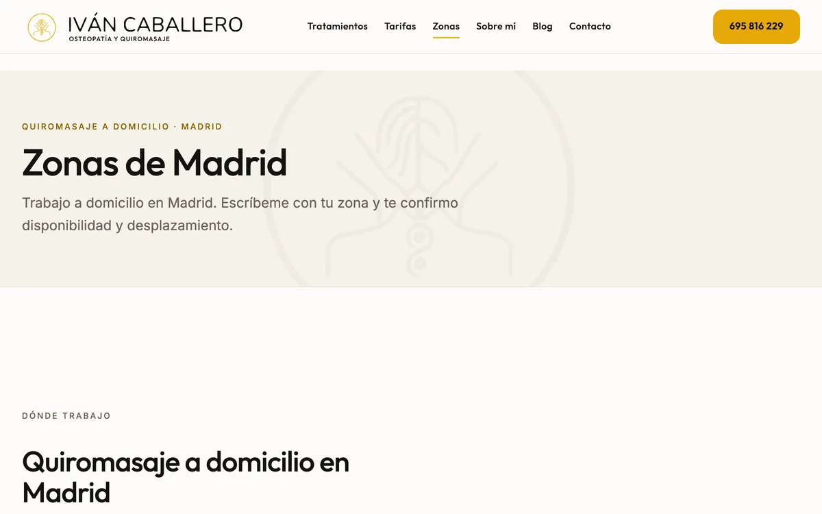 Página zonas del sitio de Iván Caballero, vista de escritorio