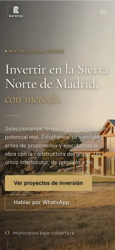 Página portada del sitio de Matresu Real Estate, vista de móvil