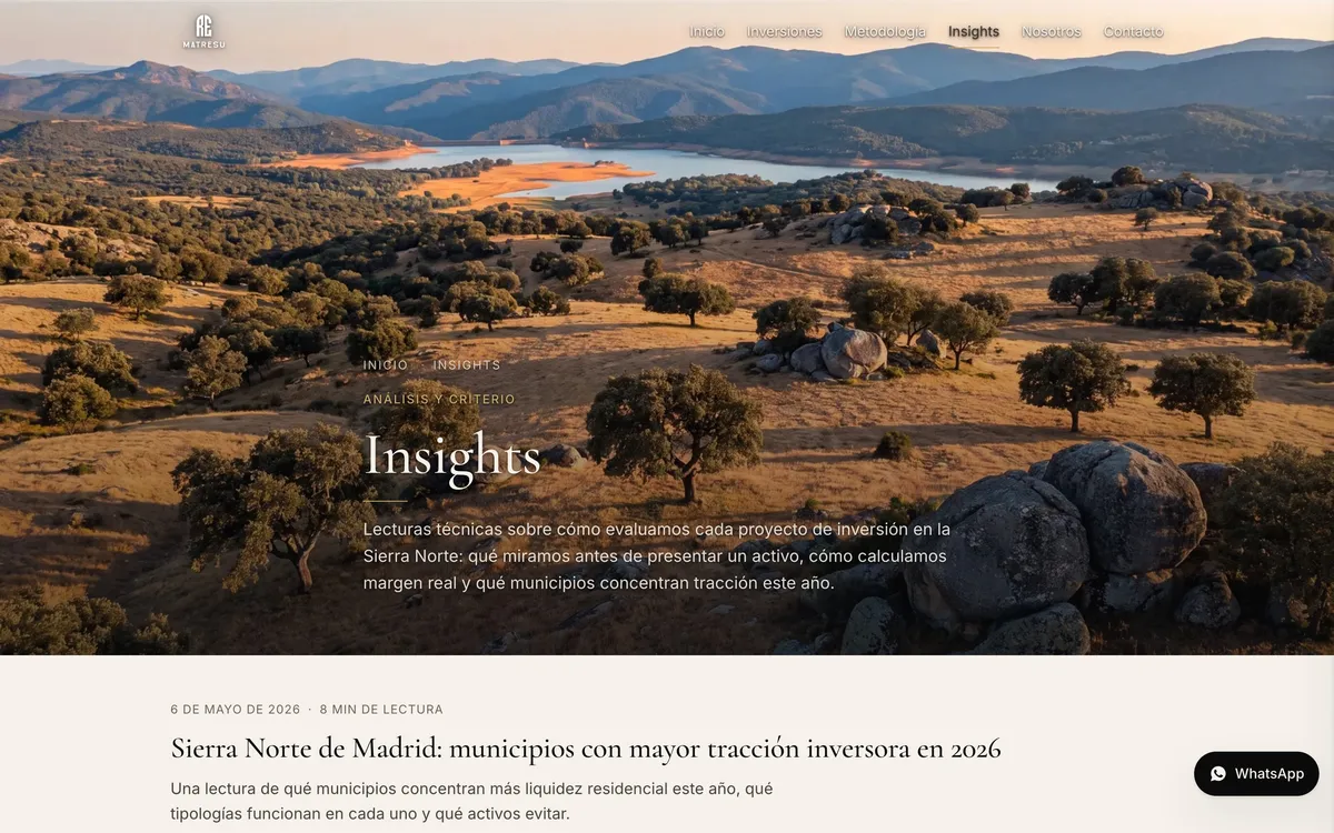 Página insights del sitio de Matresu Real Estate, vista de escritorio