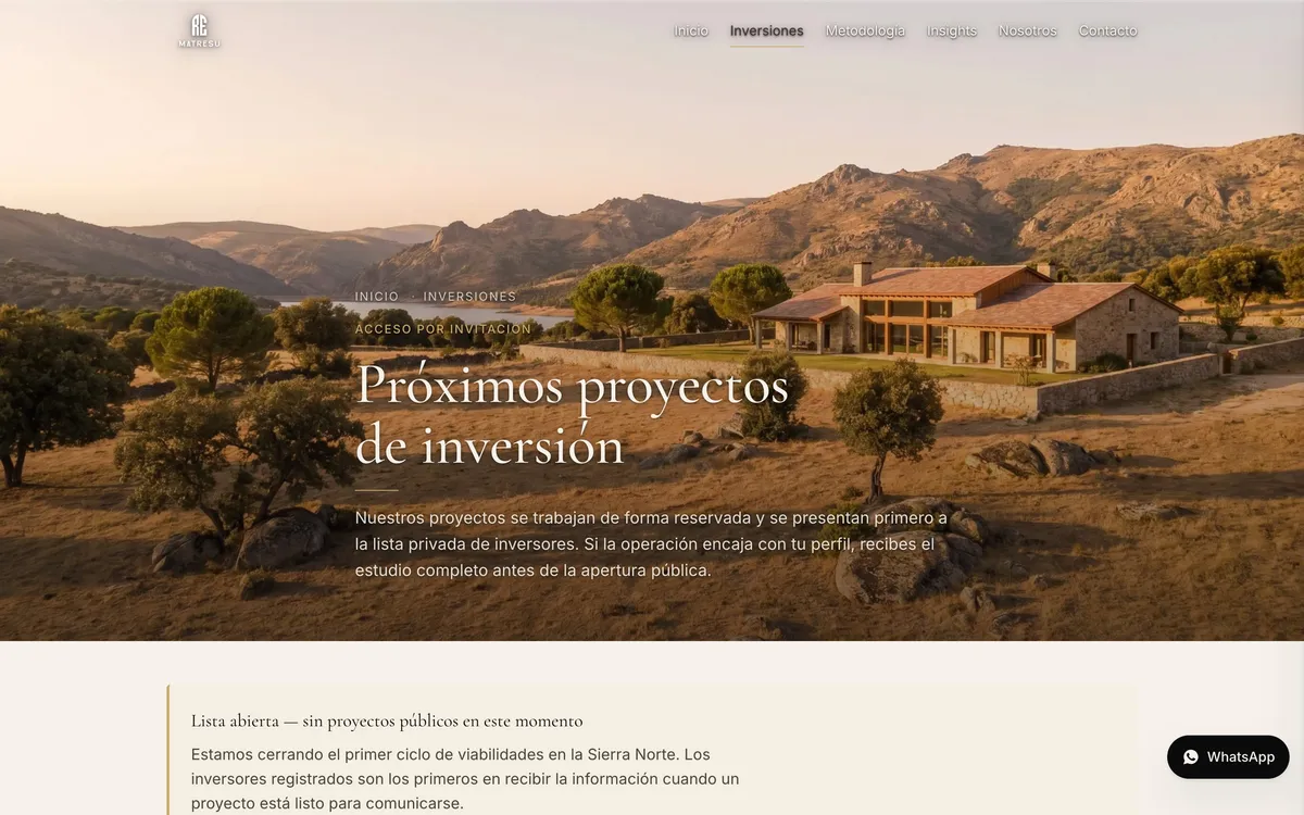 Página inversiones del sitio de Matresu Real Estate, vista de escritorio
