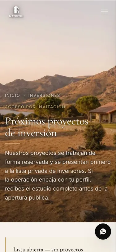 Página inversiones del sitio de Matresu Real Estate, vista de móvil