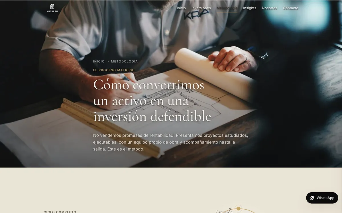Página metodología del sitio de Matresu Real Estate, vista de escritorio