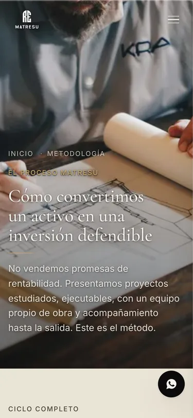 Página metodología del sitio de Matresu Real Estate, vista de móvil