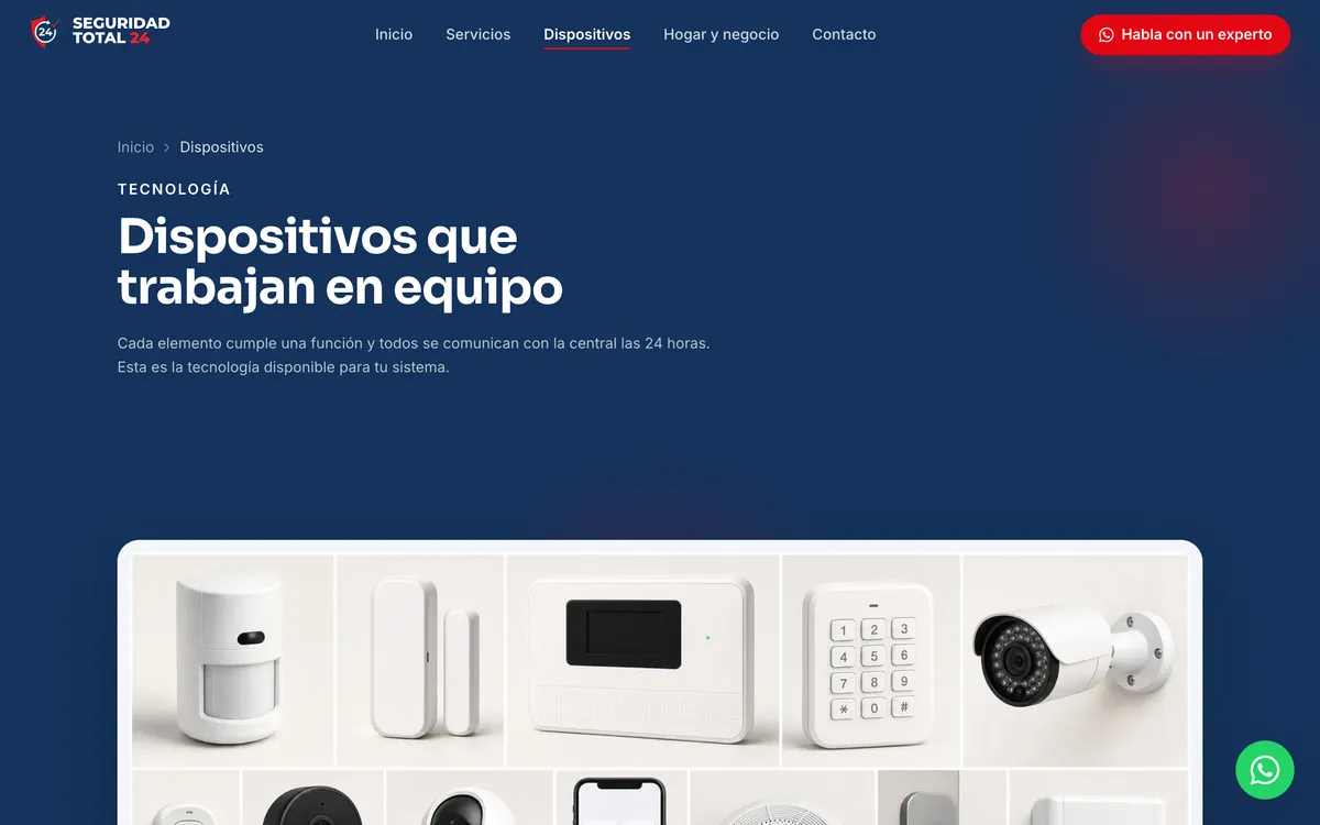 Página dispositivos del sitio de Seguridad Total 24, vista de escritorio