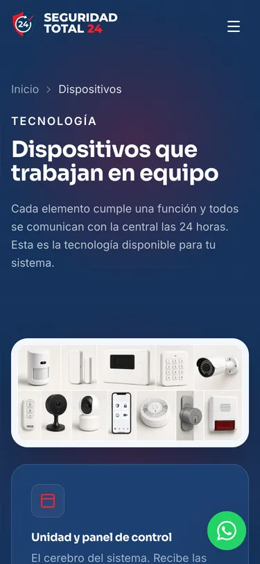 Página dispositivos del sitio de Seguridad Total 24, vista de móvil