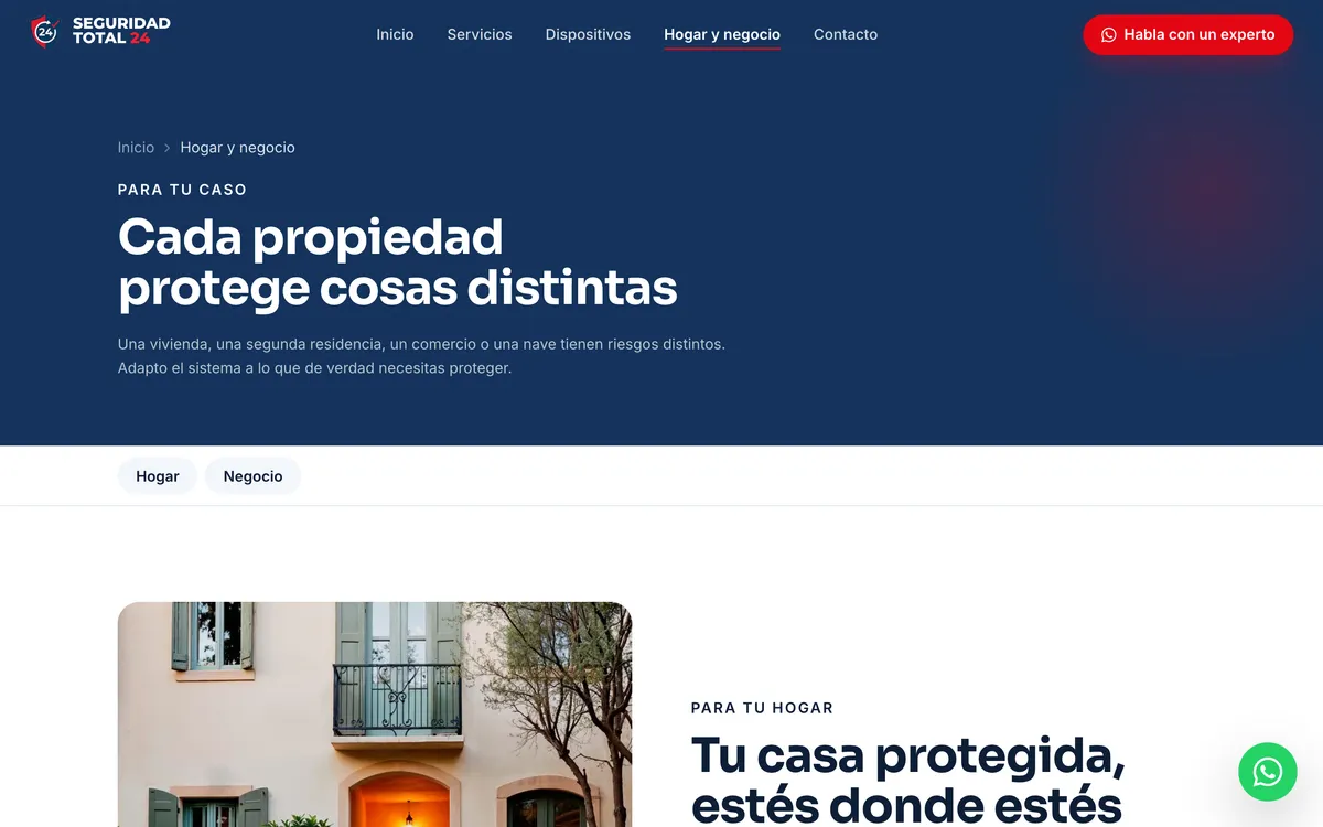 Página hogar y negocio del sitio de Seguridad Total 24, vista de escritorio