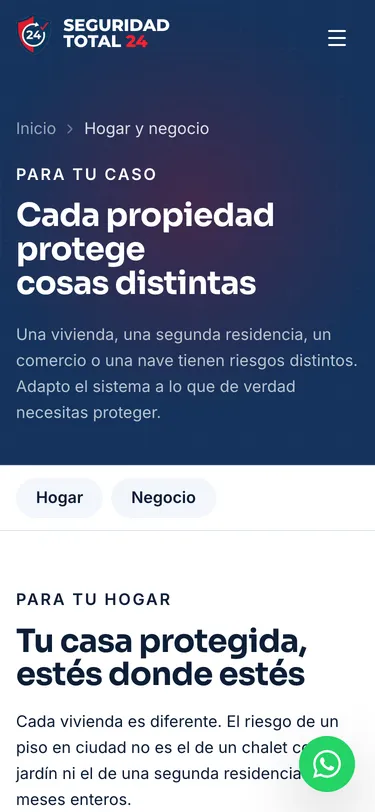 Página hogar y negocio del sitio de Seguridad Total 24, vista de móvil