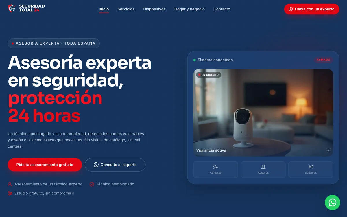 Página portada del sitio de Seguridad Total 24, vista de escritorio