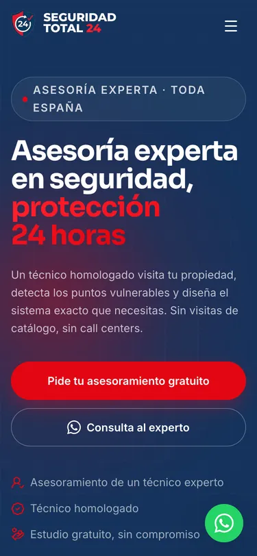 Página portada del sitio de Seguridad Total 24, vista de móvil