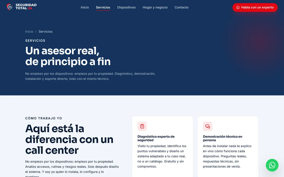 Página servicios del sitio de Seguridad Total 24, vista de escritorio
