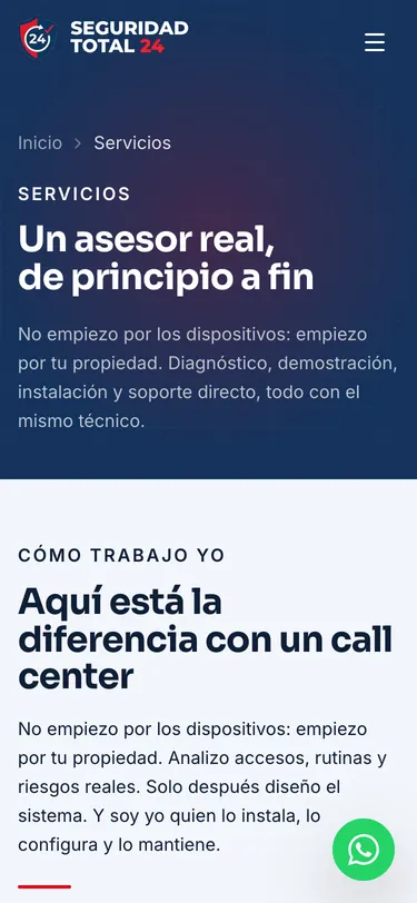 Página servicios del sitio de Seguridad Total 24, vista de móvil