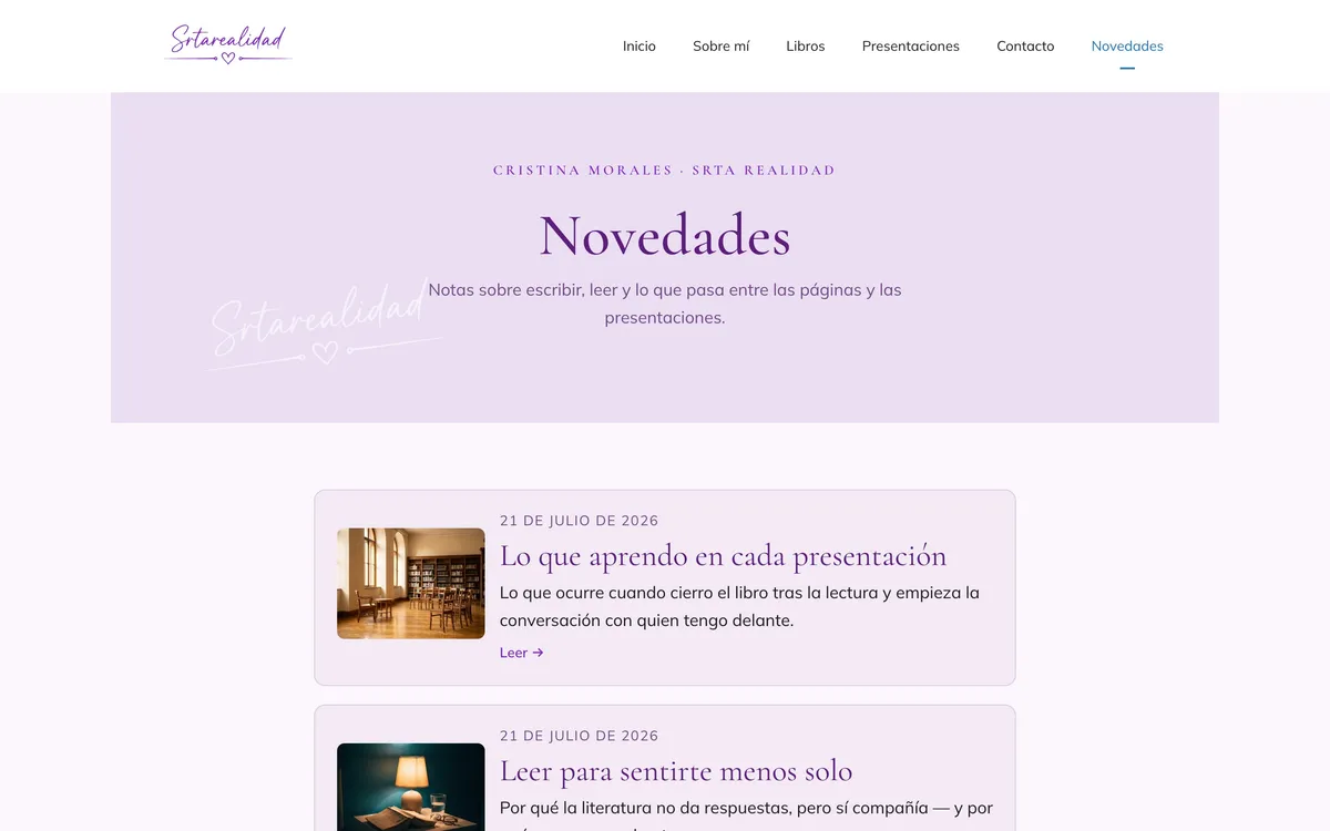 Página novedades del sitio de Srta Realidad, vista de escritorio