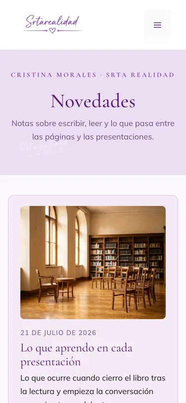 Página novedades del sitio de Srta Realidad, vista de móvil