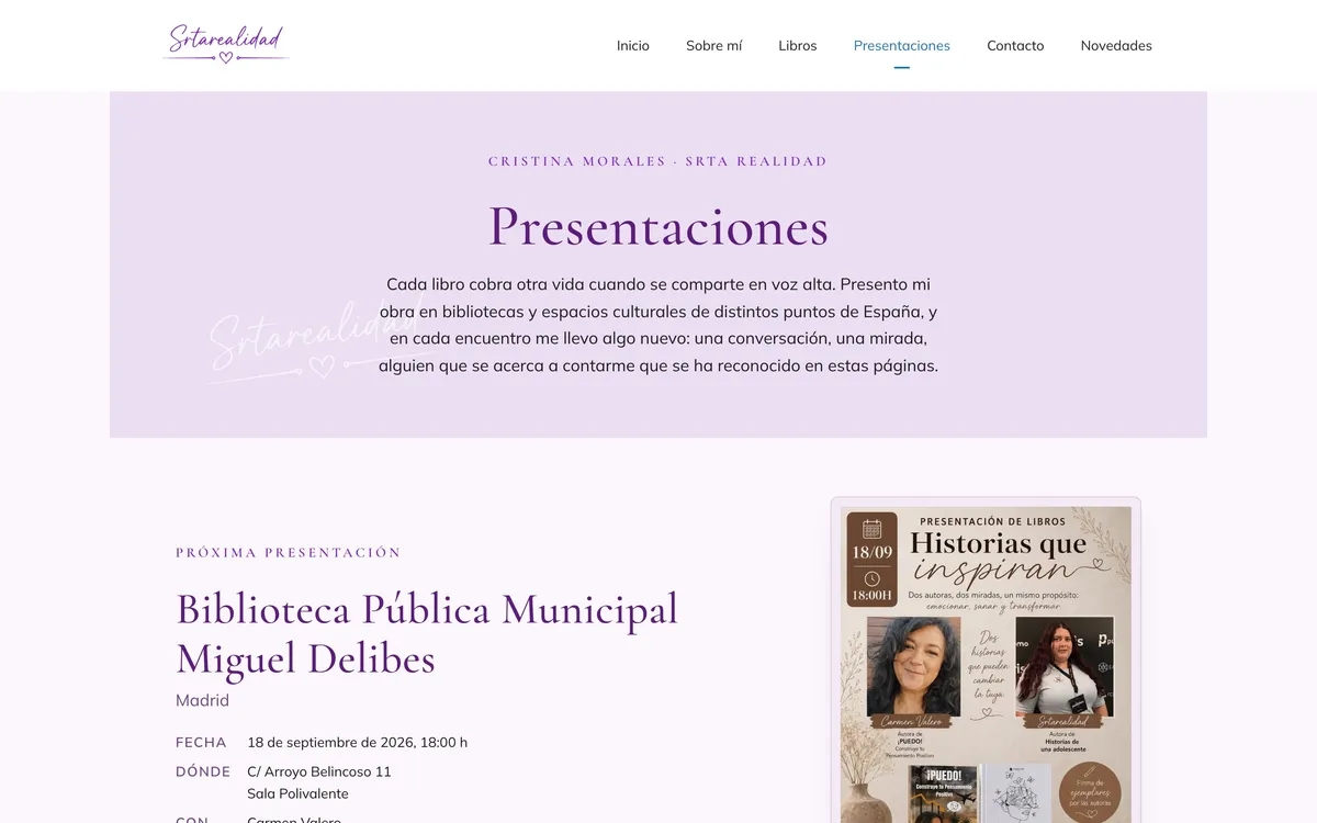 Página presentaciones del sitio de Srta Realidad, vista de escritorio
