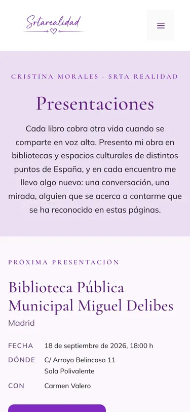 Página presentaciones del sitio de Srta Realidad, vista de móvil