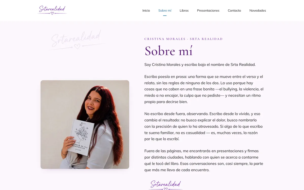 Página sobre mí del sitio de Srta Realidad, vista de escritorio