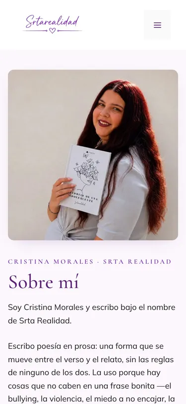 Página sobre mí del sitio de Srta Realidad, vista de móvil